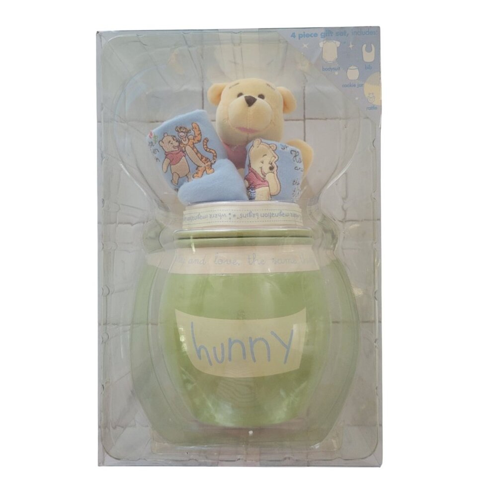 Disney Winnie‎ The Pooh Baby Gift Set Bodysuit Bib Cookie Jar Rattle Hunny Pot